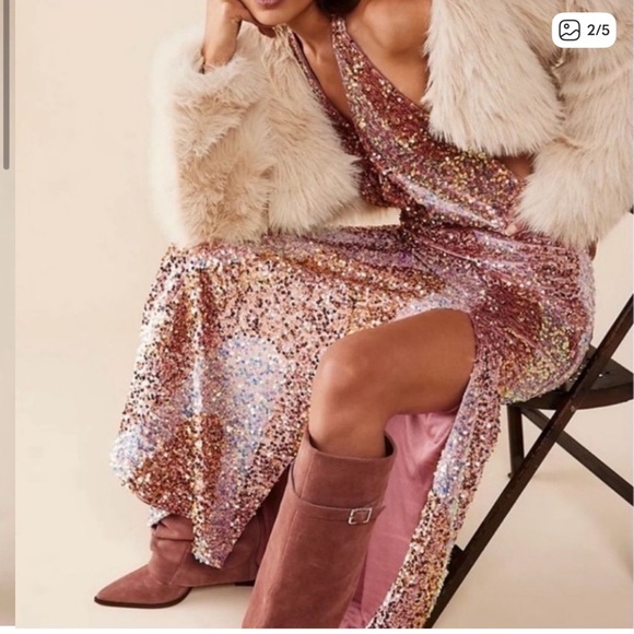 NWT Free People Glitter and Gold Sequin Pink Sweetheart Halter Velvet Slit dress - Picture 2 of 9